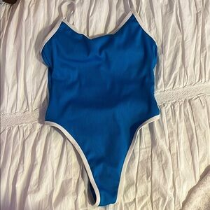 Blue One-Piece Swimsuit with White Trim
